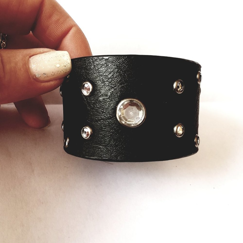 Rhinestone Studded Black Leather Cuff Bracelet 7.5